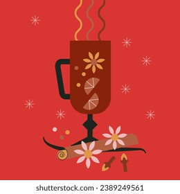 Glass of mulled wine with orange fruit, star anise and cinnamon stick on red background. Hot wine. Spicy and healthy warm winter drink. Vector illustration. Flat trendy abstract style.