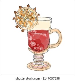 A glass with mulled wine and an orange slice on a white background. Orange with cloves. Sketch, print.
