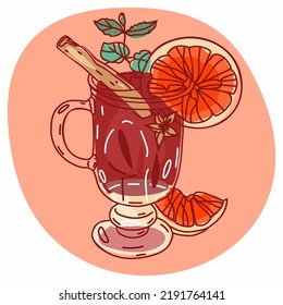 A glass of mulled wine with a slice of orange, cinnamon, star anise, herbs, spices. Vector illustration