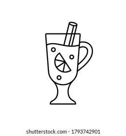 Glass of mulled wine with spices. Linear icon of drink with cinnamon stick and orange slice. Black simple illustration of warming winter beverage. Contour isolated vector pictogram, white background