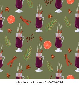Glass with mulled wine and spices seamless pattern on green background. Festive textile, web, wrapping paper, background fill.