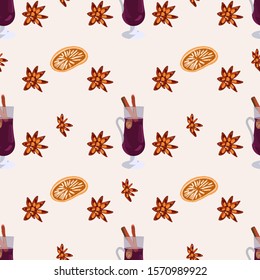 Glass with mulled wine and spices seamless pattern on white background. Festive textile, web, wrapping paper, background fill.