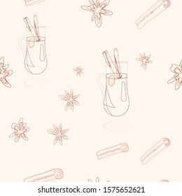 Glass with mulled wine and spices silhouette seamless pattern on beige background. Festive textile, web, wrapping paper, background fill.