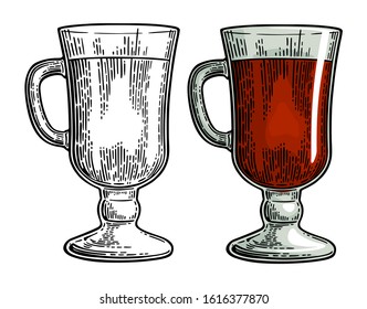 Glass of mulled wine. Vector color and black engraved vintage illustration. Isolated on white background. Hand drawn design element for label, menu and poster