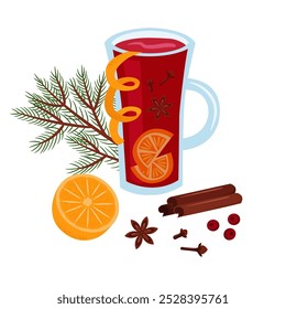 Glass with mulled wine vector illustration. Winter hot drink, orange, spices. Composition of cute design elements.