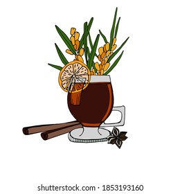 A glass of mulled wine, warm wine. A glass of wine, cinnamon, anise, orange, sea buckthorn. Warming winter drink. Drawing for adults, poster, textiles, packaging, drink recipe. Isolate. stock graphics