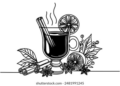 A glass of mulled wine,continuous one line drawing, winter drink,Vector illustration