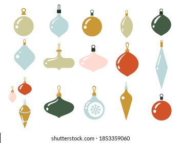 Glass multi-colored balls for the Christmas tree. Xmas glass ball on white background. Holiday decoration template. Vector illustration. Christmas decoration baubles. New year toys.