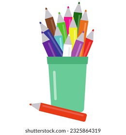 glass with multicolored pencils, a set of creative materials in a flat style vector illustration