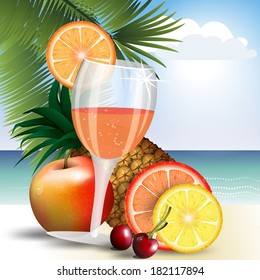 a glass of multifruit juice with ice