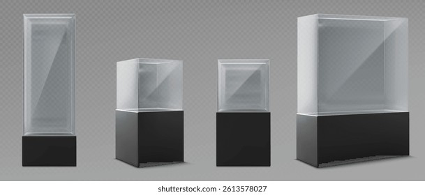 Glass museum display cases set - various sized transparent rectangular boxes with black bases. Tall narrow vitrine, low wide pedestal, square cube for exhibiting art objects, jewelry. Empty showcases.