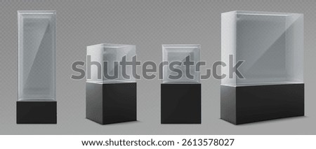 Glass museum display cases set - various sized transparent rectangular boxes with black bases. Tall narrow vitrine, low wide pedestal, square cube for exhibiting art objects, jewelry. Empty showcases.