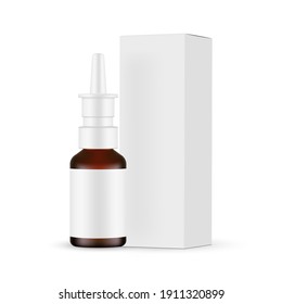 Glass Nasal Spray Bottle Mockup With Label, Packaging Box Side View, Isolated On White Background. Vector Illustration