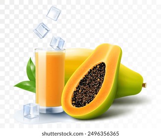 A glass of natural fresh papaya juice or smoothie with ice cubes. Cup of cocktail or yogurt with ripe papaya and ice cubes, isolated on transparent background. Realistic 3d vector illustration