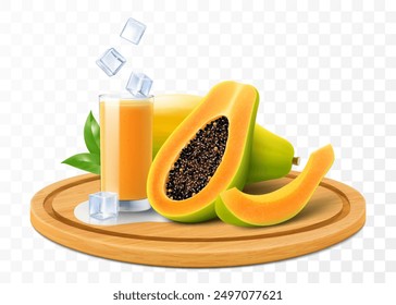 A glass of natural fresh papaya juice or smoothie with ice cubes. Cup of cocktail or yogurt with ripe papaya on wooden tray, isolated on transparent background. Realistic 3d vector illustration