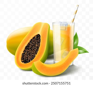 A glass of natural fresh papaya juice or smoothie with ice cubes. Cup of cocktail or yogurt with ripe papaya and ice cubes, isolated on transparent background. Realistic 3d vector illustration