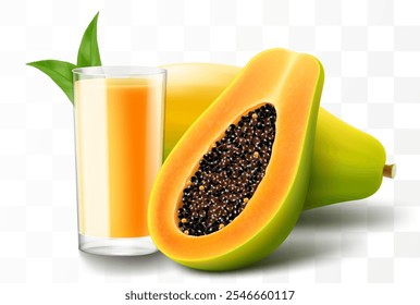 A glass of natural fresh papaya juice or smoothie. Cup of cocktail or yogurt with ripe papaya fruits, isolated on transparent background. Realistic 3d vector illustration