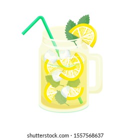 
A glass of natural lemonade with ice cubes. Vector food illustration on a white background.