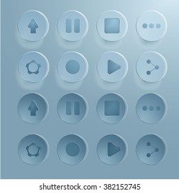 Glass navigation rounds buttons in a video, pressed and unpressed with reflections and shadows.