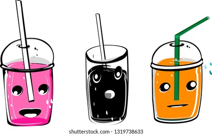 Glass nectar, fruit juice cup, square with lid and suction tube, travel package and cute cartoon character, drinking concept for summer and party