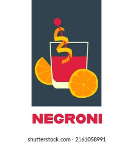 A Glass Of Negroni Cocktail Flat Vector Illustration