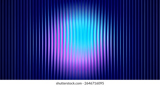 Círculo de neon de vidro com gradiente de neon. Textura de gradação de cor abstrata com nervuras, efeito de ruído de esfera. Fundo ondulado com cristas luminosas e linhas curvas com anel brilhante. Gradiente magenta ciano.