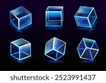 Glass neon cubes. Lighting cube crystal block, glow plastic geometric shape blockchain futuristic technology glowing clear box overlay effect 3d realistic exact vector illustration original artwork