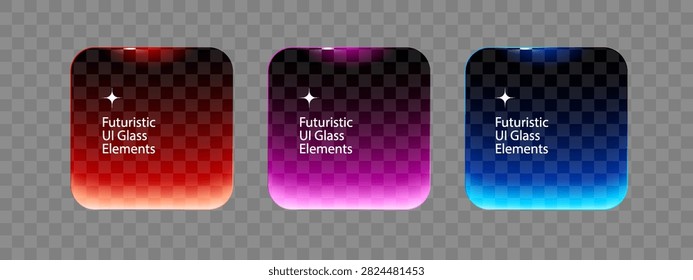 Glass neon effect frames with shining edges and highlights. Purple, red and blue geometric square shapes. Website and user interface UI UX design. Vector illustration on transparent background