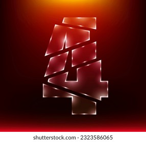 A glass number 4 slashed by sword isolated on a red background.