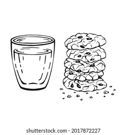 Glass and oatmeal cookies isolated on white background. Hand drawn black and white vector illustration.