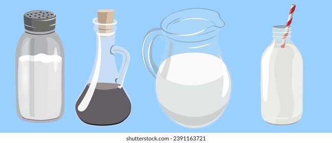 glass objects in vector. salt shaker, gravy boat, decanter and bottle in semi-realistic style. objects for the design of a menu for a cafe bar restaurant application website leaflet booklet.