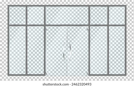 Fachada de oficina de vidrio con entrada de Ilustración vectorial realista. Arquitectura minimalista del objeto 3d del edificio comercial sobre fondo transparente