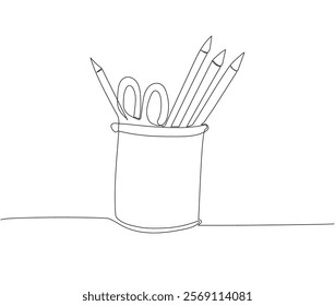 A glass with office supplies, pens, pencils, rulers, scissors one line art. Continuous line drawing of online learning, school supplies, stationery storage, exam, office supplies, education.