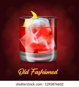 The glass of old-fashioned cocktail on the red background.Vector illustration of an alcoholic drink. Hard beverage with a bitters, whiskey, small piece of ice and piece of lemon peel.