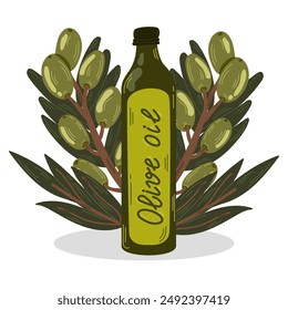 
Glass olive oil bottles with extra virgin olive oil.Surrounded by olive branches and leaves.