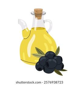 Glass olive oil jug with black olives on white background. Ingredient for cooking. Greek cuisine. Culinary. Flat illustration on white background.