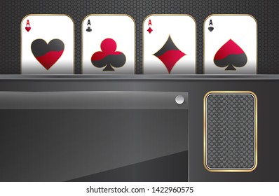Glass on a dark background.All aces playing cards.Glass on a dark background.