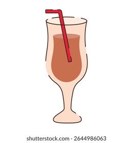 A glass on a thin stem with a drink and a red straw. The drink in the glass has a brown color.