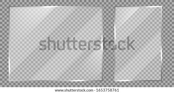 Glass on transparent\
background. Realistic transparent glass window. Frame transparent\
set. Vector