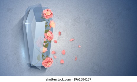 Glass open coffin with cross and roses inside, death and afterlife conceptм