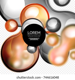 Burbujas de naranja de vidrio sobre diseño líquido tecno gris y moderno. Ilustración del vector