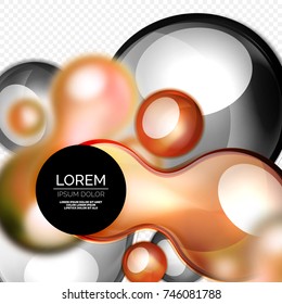 Burbujas de naranja de vidrio sobre diseño líquido tecno gris y moderno. Ilustración del vector