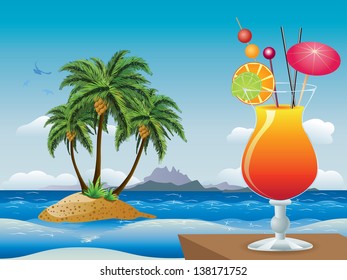 Glass of orange cocktail over tropical background with palms.