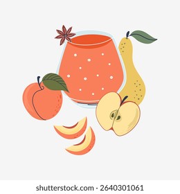 Glass of orange drink and fruits. Healthy vegan smoothie, pear, apple, peach and anise. Menu element for cafe, restaurant, bar. Hand drawn flat design vector illustration.
