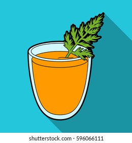 A glass with orange drink and a leaf.Healthy vegetarian carrot juice.Vegetarian Dishes single icon in flat style vector symbol stock illustration.