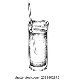 Glass of Orange Fruit Juice. Vector hand drawn illustration of fresh citrus tangerine beverage in black and white colors. Linear drawing of tropical drink with cocktail tube. Etched sketch of shake.