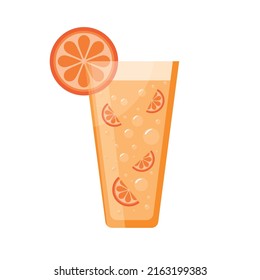 glass with orange juice. glass beaker with orange slices and bubbles