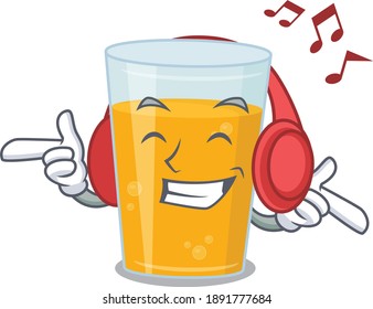 Glass of orange juice Cartoon design concept listening music on headphone. Vector illustration