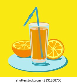 A glass with orange juice and a drinking straw. Two orange slices next to a glass of juice on a yellow background.