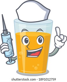 Glass of orange juice humble nurse mascot design with a syringe. Vector illustration